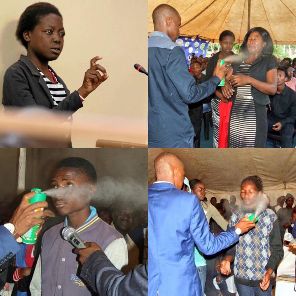 Prophet Rabalago, self-styled prophet of the Mountzion General Assembly in Limpopo, South Africa Seen Here Spraying his Congregation With Insecticide Spray