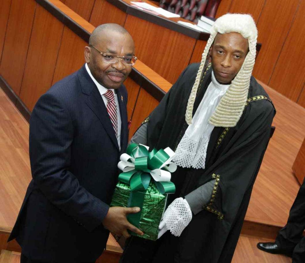 Gov Udom Emmanuel presenting 2019 budget speech to Hon. Onofiok Luke