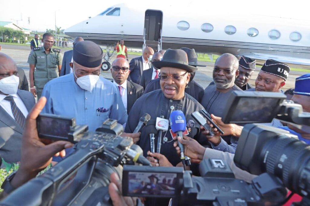Akwa Ibom Governor Udom Emmanuel fielding questions from Government House Correspondents at the Victor Attah International Airport, Uyo- straightnews