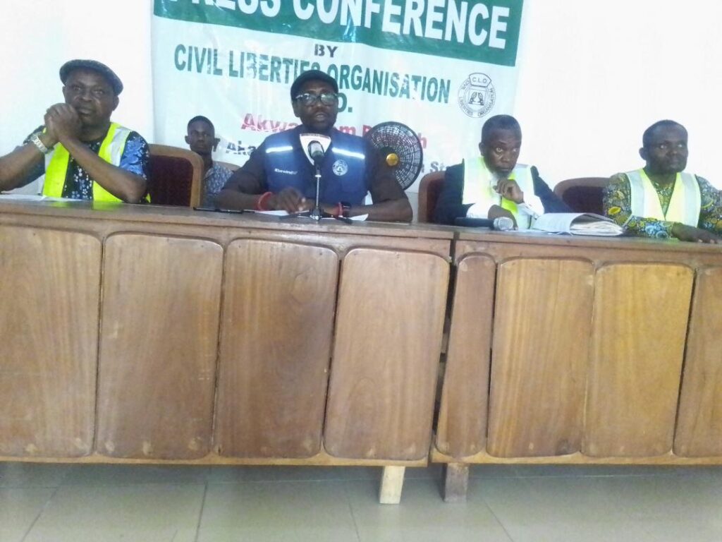 Otuekong Franklyn Isong, Chairman of Civil Liberty Organization (CLO), Akwa Ibom State, addresses the press- straightnews