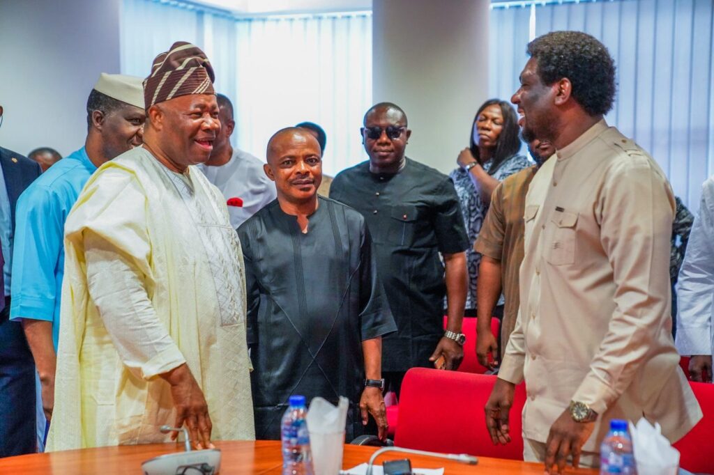 Senate President Godswill Akpabio and NLC and TUC Presidents at the meeting - Straightnews