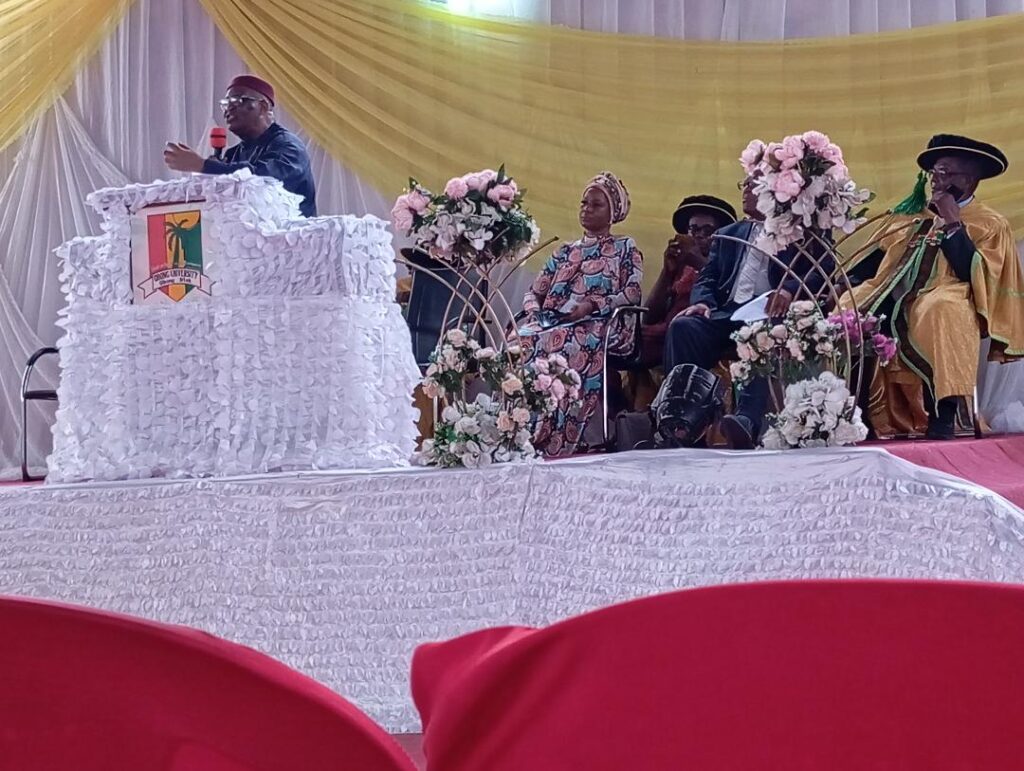 Professor Akpan H. Ekpo addressing audience during the convocation lecture Obong University - Straightnews