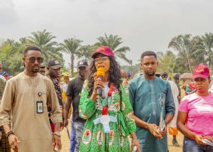 Mrs Ime Effiong Charles, Abak LGA Chairman, speaking at one of the projects' sites - Straightnews