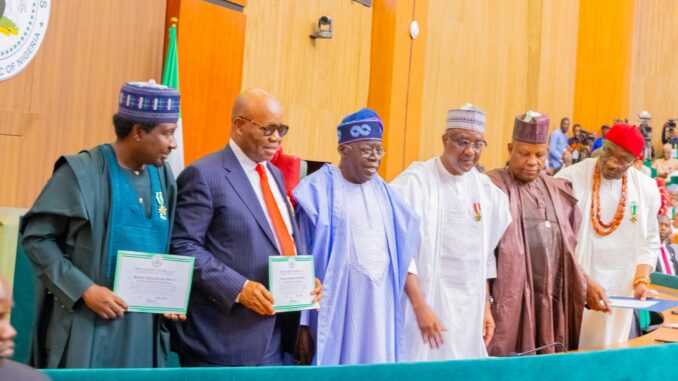 Tinubu among Architects of Nigeria’s Democracy- Akpabio President Bola Tinubu and leaders of the National Assembly - Straightnews