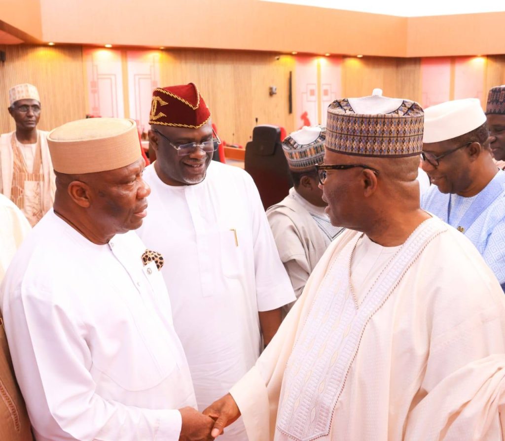 Senate President, Godswill Akpabio bantering with Senators Ekong Sampson and Aniekan Bassey - Straightnews