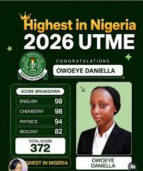 Owoeye Daniella Jesudunsin scored 372 - Straightnews