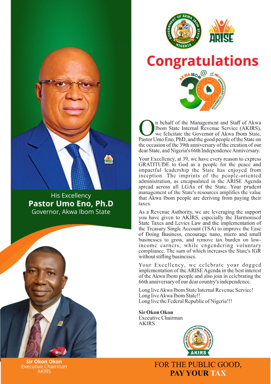 Congratulations to His Excellency Pastor Umo Eno, Governor of Akwa Ibom State, on the 39th anniversary of Akwa Ibom State
